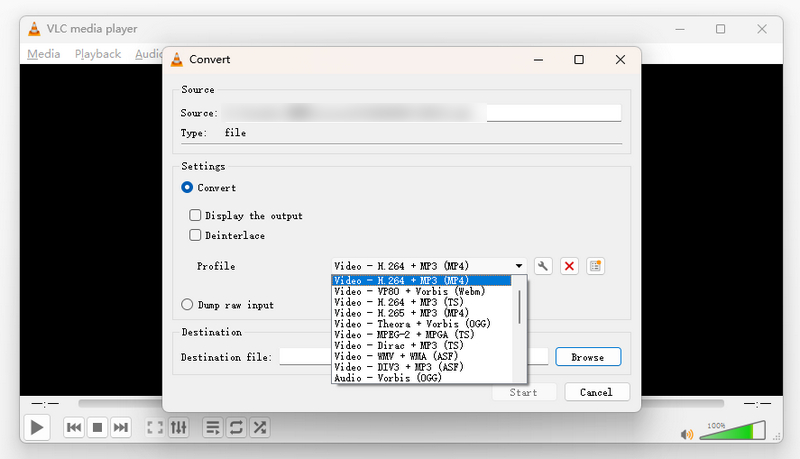 VLC Escolha o formato