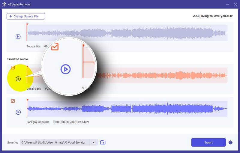 Pré-visualização de faixas de áudio isoladas