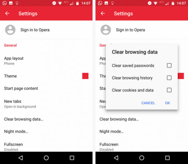 Limpe o histórico de navegação do Opera mini no Android