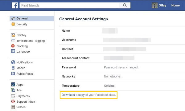 Baixe uma cópia dos dados do Facebook