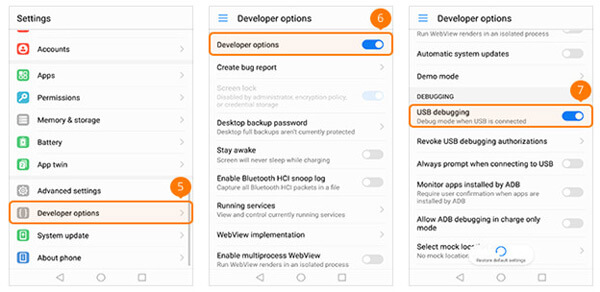 Ativar o modo de depuração USB no HUAWEI Honor Series / Mate / P Series