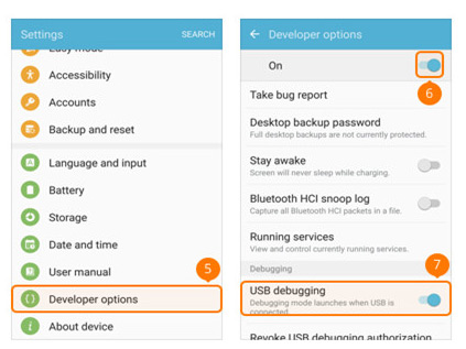 Modo de depuração USB no Samsung Galaxy S5/S6/S72