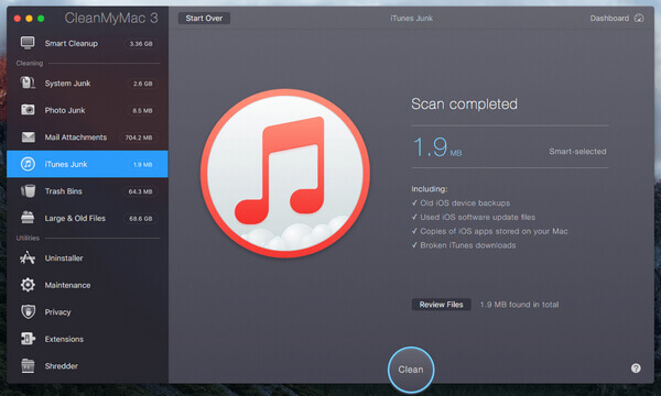 CleanMyMac 3 Limpeza de lixo do iTunes