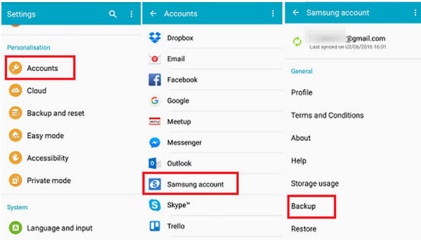 Backup de dados com conta Samsung