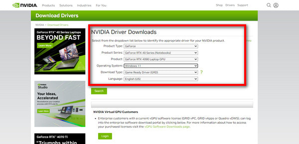 Driver selecionado da Nvidia