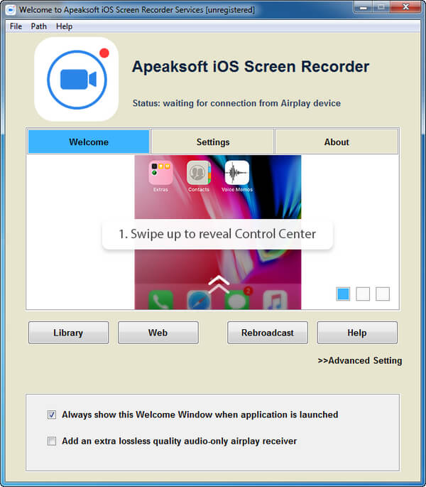 Interface do gravador de tela do iOS