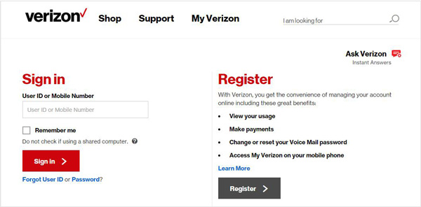 Site de mensagens da Verizon