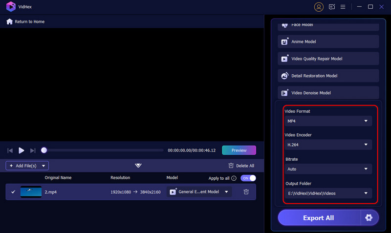 Configuração de exportação Vidhex