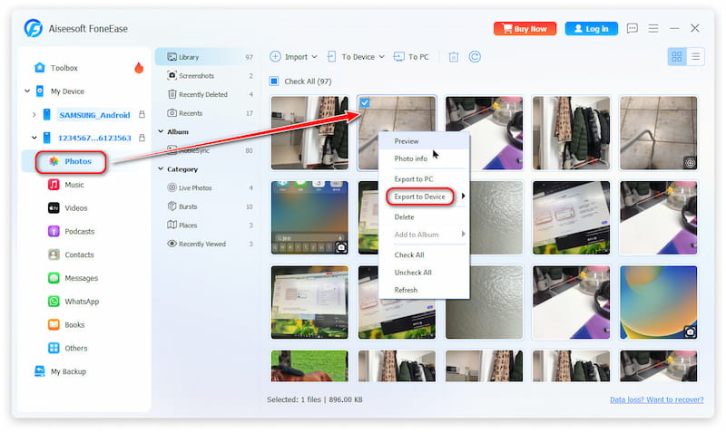 Selecione o dispositivo de transferência