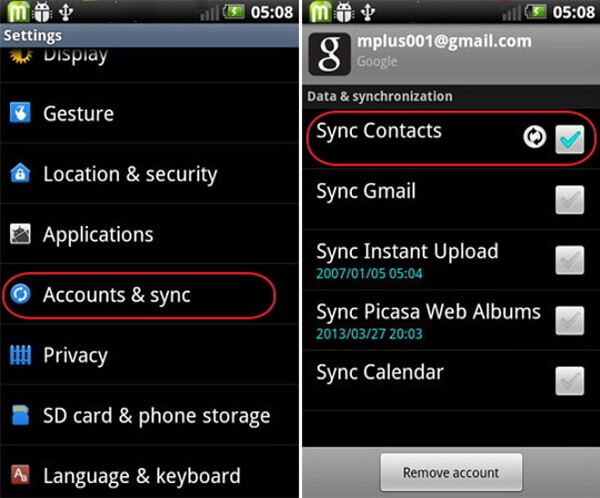 Backup de contatos do telefone Android para o Gmail