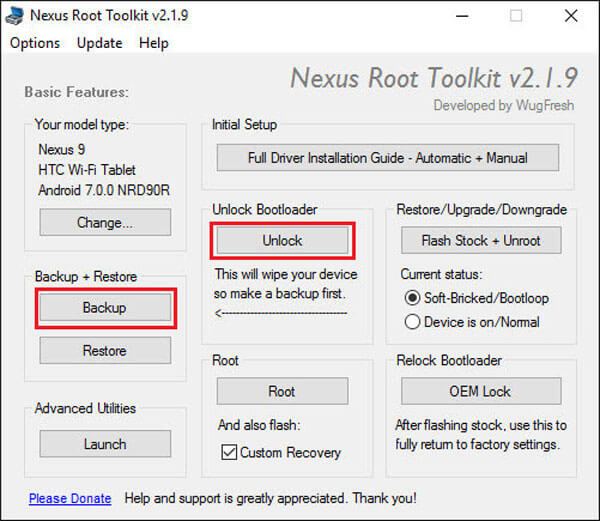 Backup e desbloqueio do Nexus Root Toolkit