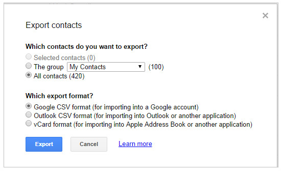 Exportação Google Contacts