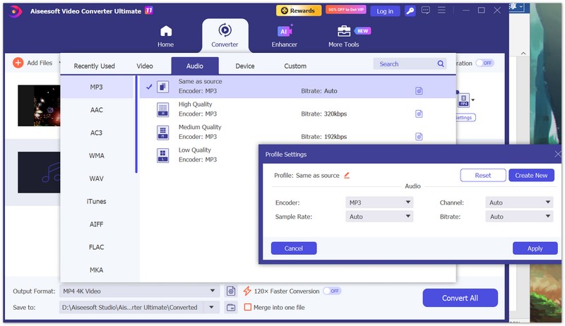 Escolha o formato de saída MP3