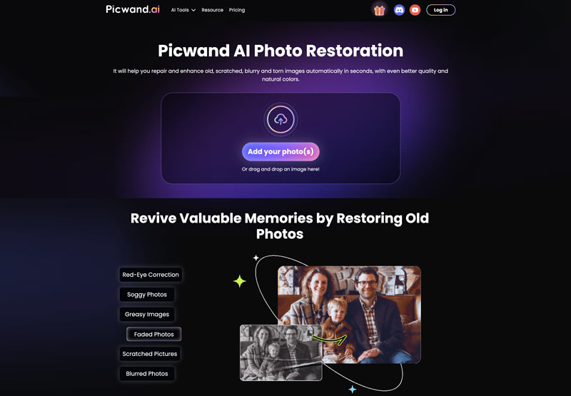 Restauração de fotos Picwand Ai online grátis