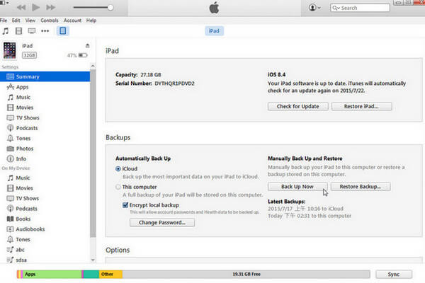 Backup do iPad no iTunes