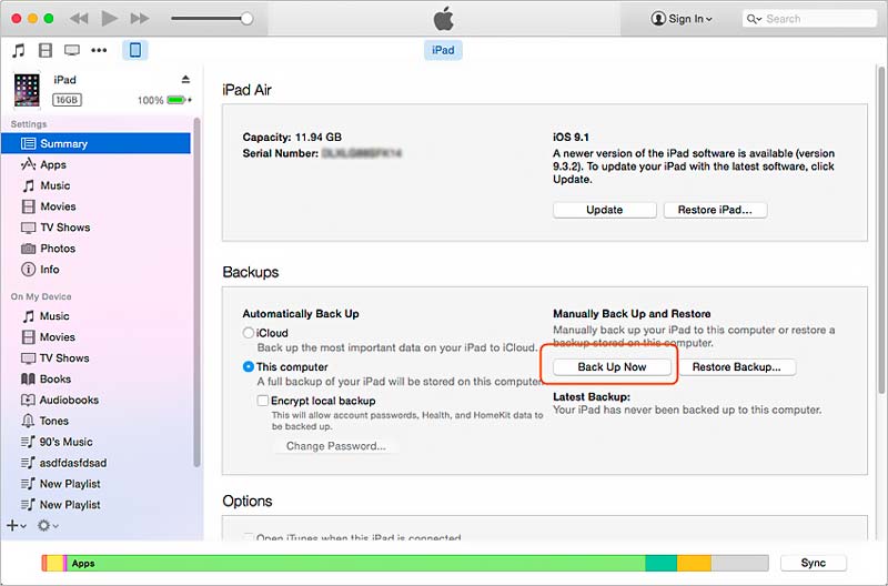 Faça backup do iPad com iTunes no Mac