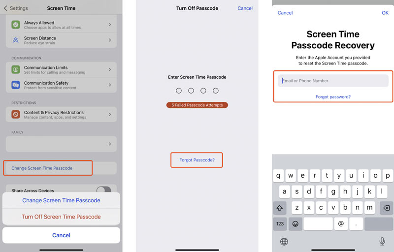 Alterar a senha de redefinição do tempo de tela no iPhone