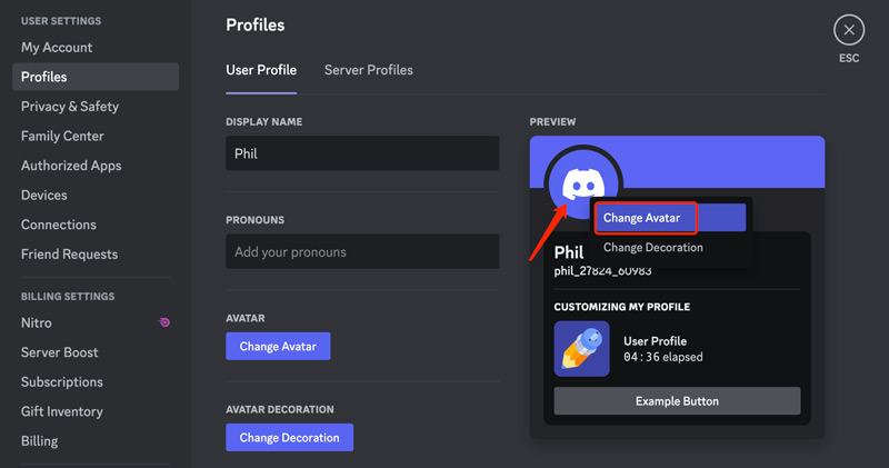 Alterar avatar do perfil do usuário do Discord