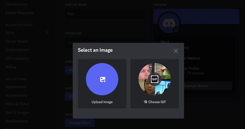 Carregar imagem para alterar a foto do perfil do Discord