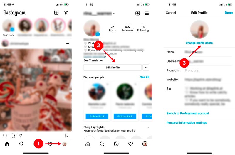 Alterar a foto do perfil no aplicativo Instagram