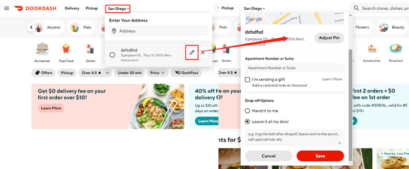 Alterar sua localização no site DoorDash