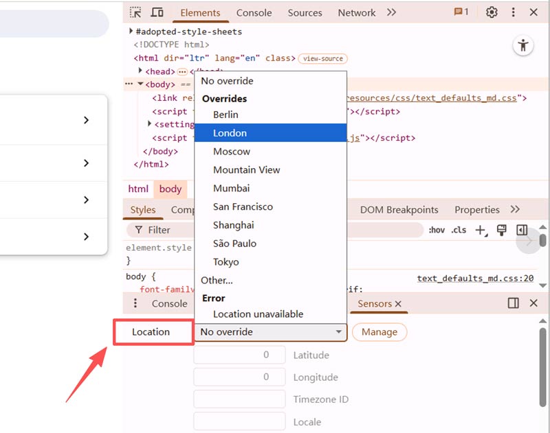 Alterar localização nas Ferramentas de desenvolvedor do Google Chrome