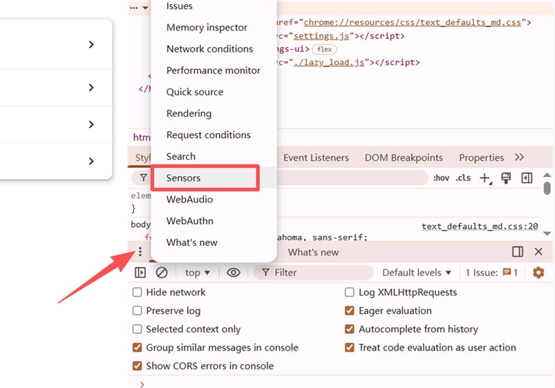 Sensores das Ferramentas de Desenvolvedor do Google Chrome