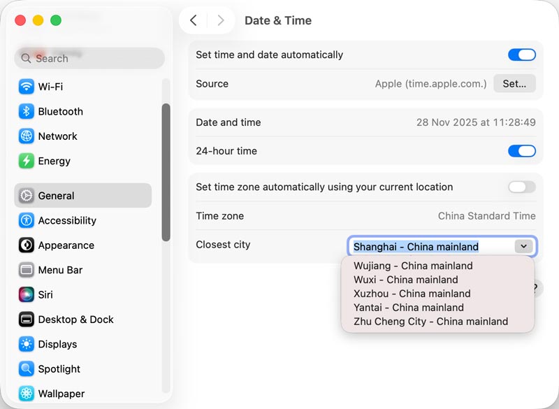 Configurar o fuso horário do Mac com base na cidade mais próxima