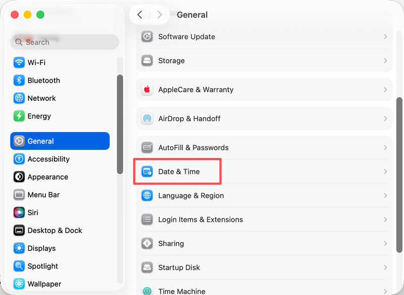 Configurações do sistema Mac: Data e hora