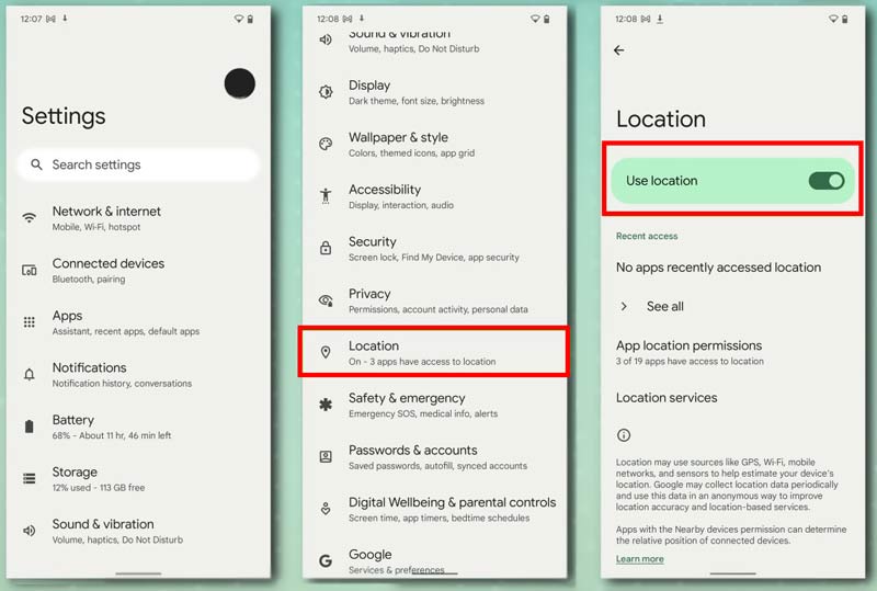 Alterar configurações de localização no Android