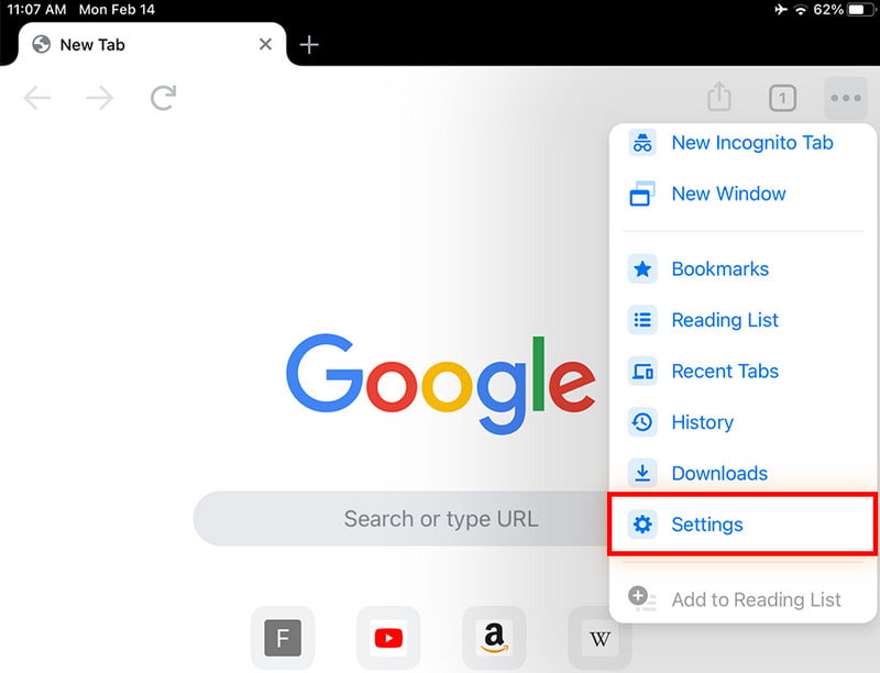 Configurações do ícone de três pontos do Chrome
