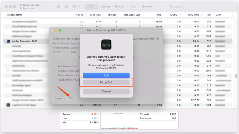 Forçar o encerramento do aplicativo no Mac usando o Activity Monitor