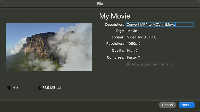 Exporte MP4 como MOV usando o iMovie