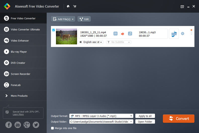 Converta MP4 para MP3 no Free Video Converter