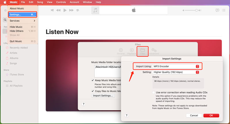 Importação da biblioteca de música do Mac usando MP3