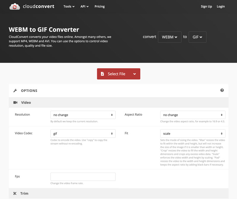 Conversor CloudConvert WebM para GIF on-line