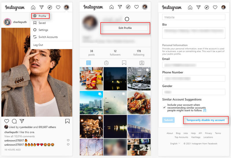 Desativar temporariamente a conta do Instagram