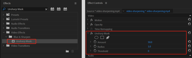 Make Pixel Video Sharper in Premiere Pro Unsharp Mask