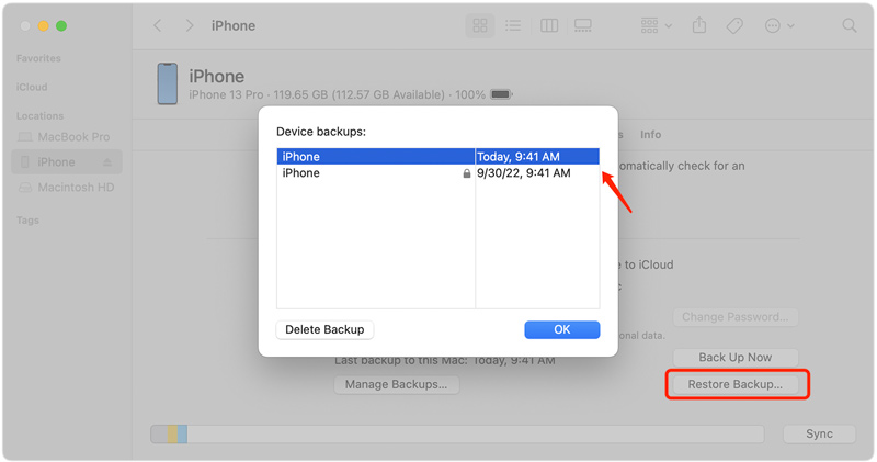 Extraia o backup do iPhone no Mac usando o Finder