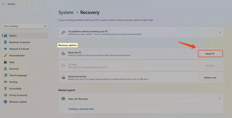 Redefinição de fábrica do laptop Samsung com Windows 11