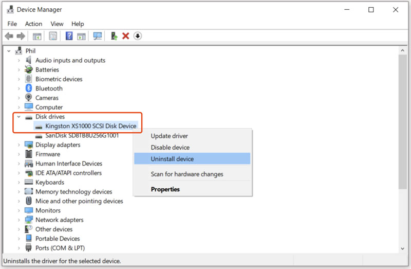Desinstalar o driver do cartão SD no Gerenciador de dispositivos
