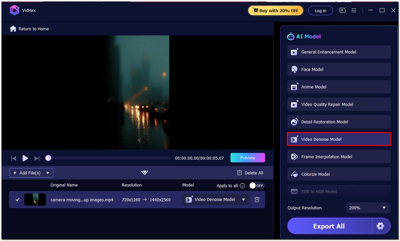 Selecione o modelo de redução de ruído do vídeo