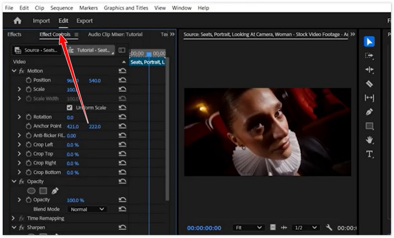 Encontre os controles de efeitos no Adobe.