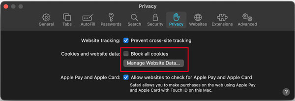 Privacidade do Mac Safari Gerenciar dados do site