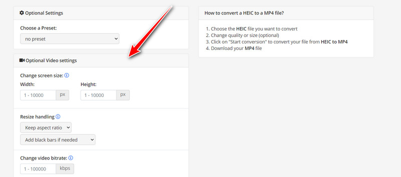 Configurações de conversão online Heic