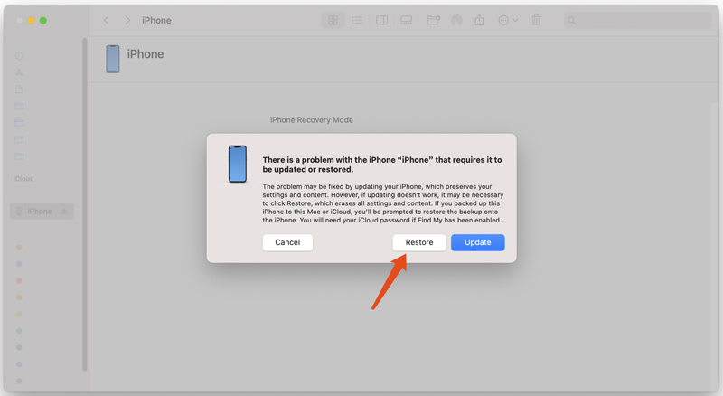 Restaurar o iPhone no Modo de Recuperação Mac Finder