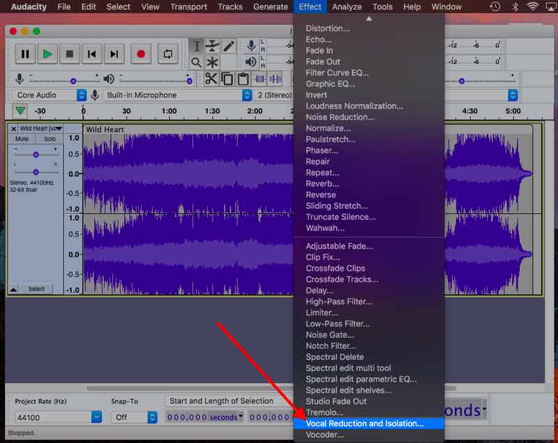 Escolha redução e isolamento vocal no Audacity