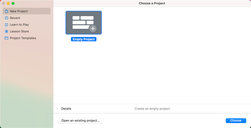 Abra o GarageBand no Mac e crie um novo projeto