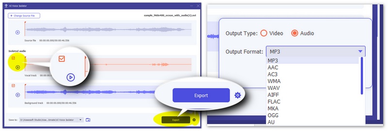 Salve faixas de áudio isoladas no Aiseesoft Video Converter Ultimate.
