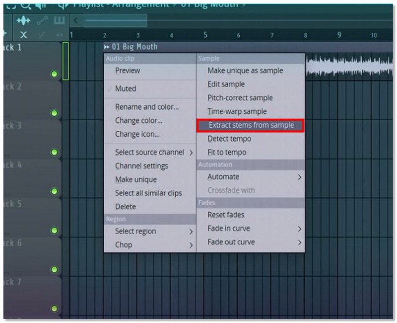 Selecione "Extrair hastes da amostra" no FL Studio.